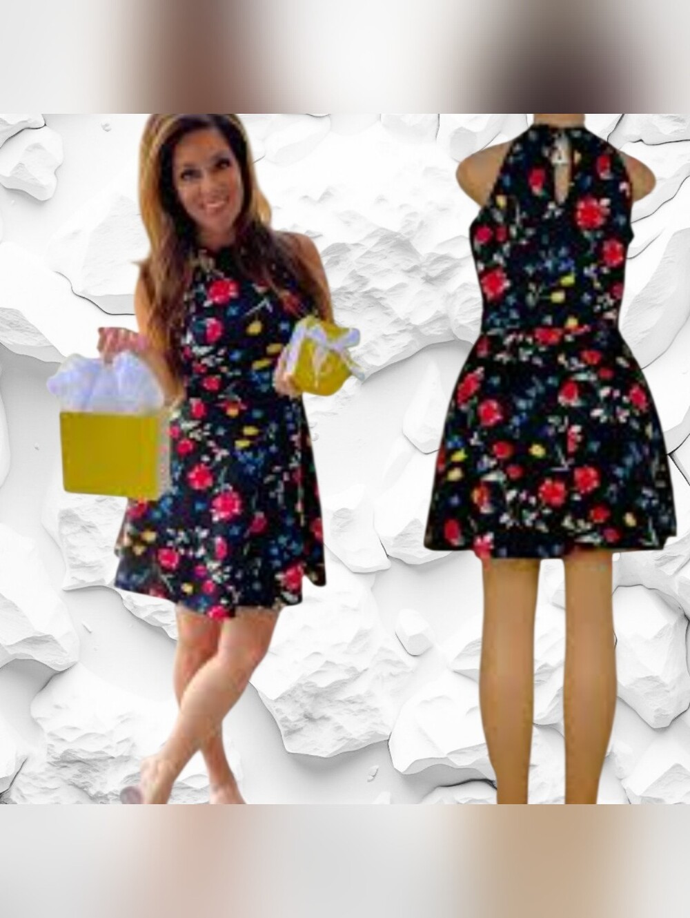 No Boundaries Black Floral Halter Mini Dress with Red & Blue Accents